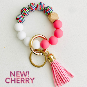 Bangle Keychain | Silicone Wristlet Key Ring | Bead Bracelet: Cherry - New!